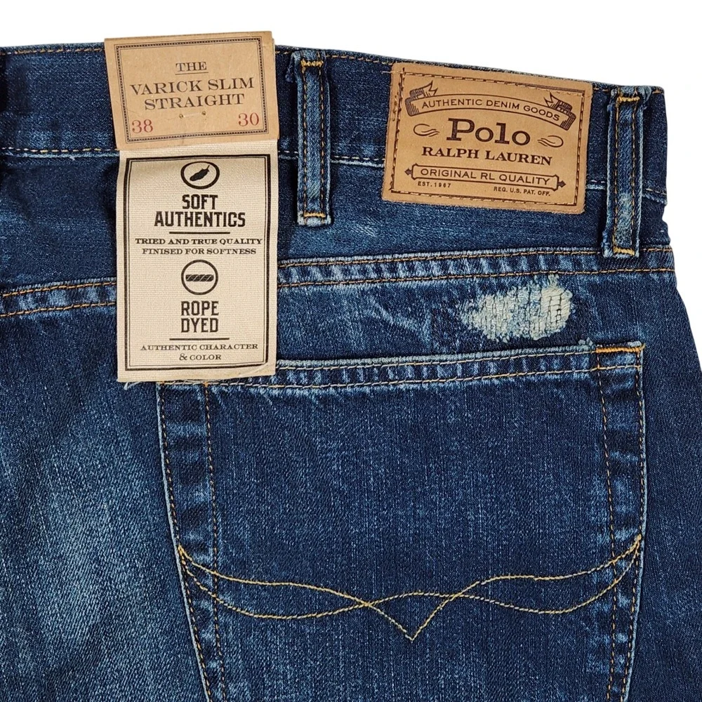 Polo Ralph Lauren Varick Slim Straight Jeans Dark Wash Distressed Mens 34x30 New